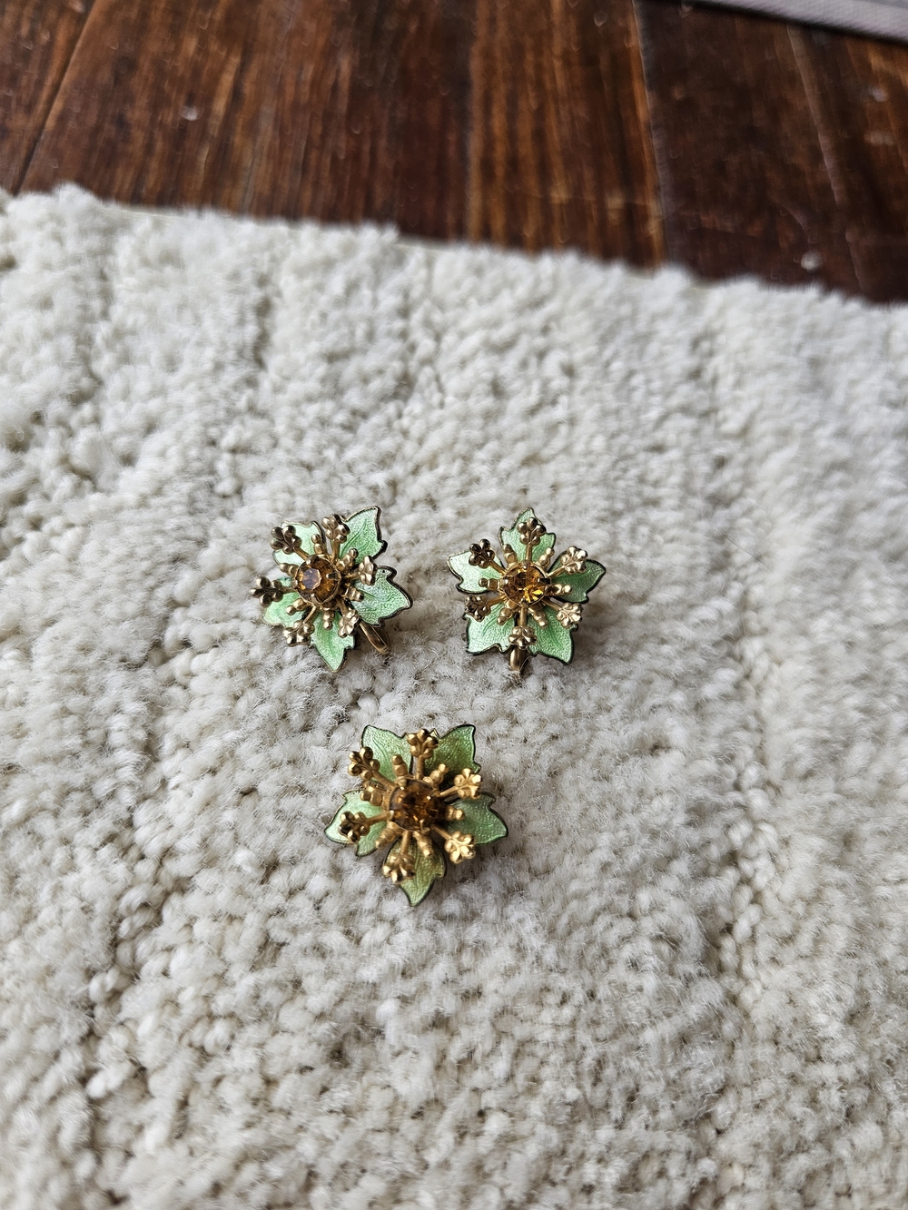 Gold & Mint Green Floral Brooch and Earring Set -Women’s Jewelry